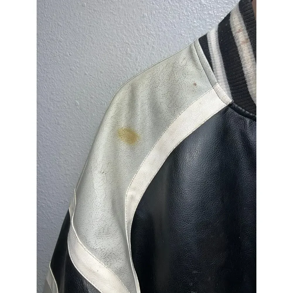 NFL Oakland Raiders Leather Jacket Football Black Silver Outerwear Stained Large